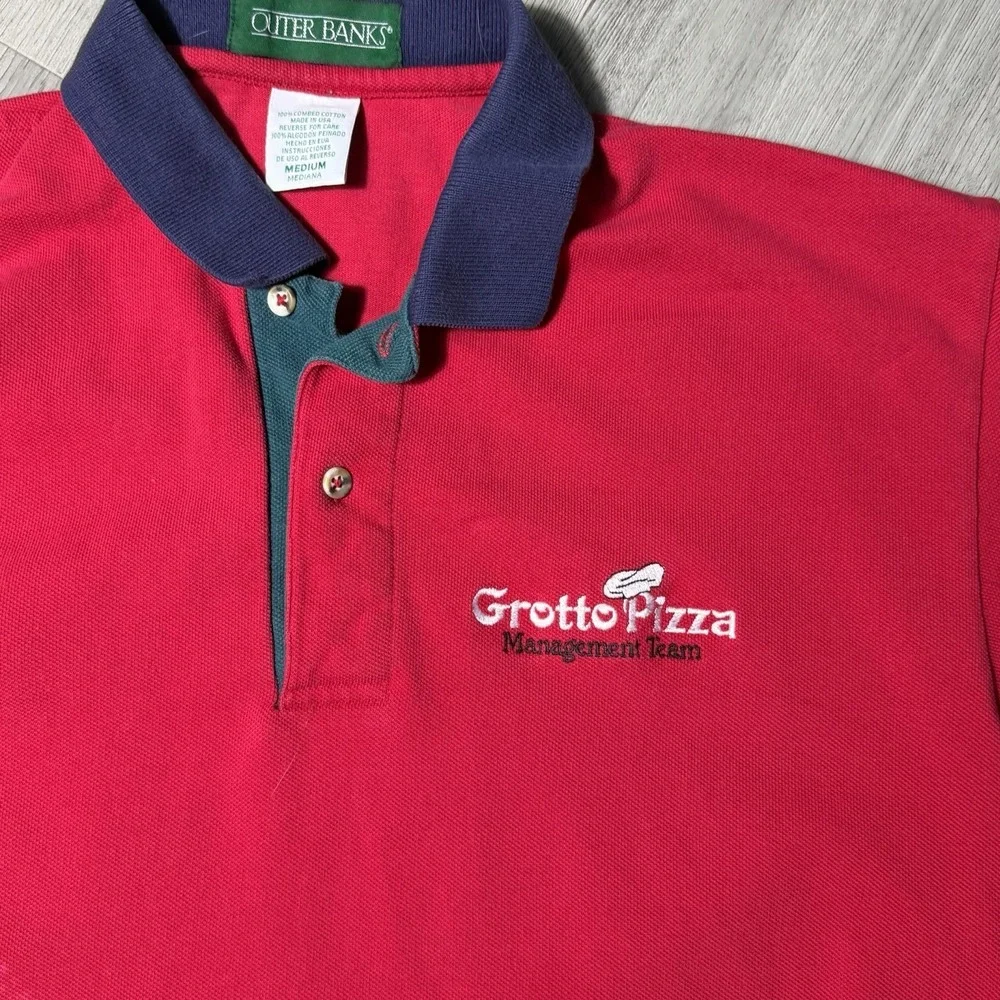 Vintage Outer Banks‎ Grotto Pizza Polo Shirt Mens Medium USA Made Red